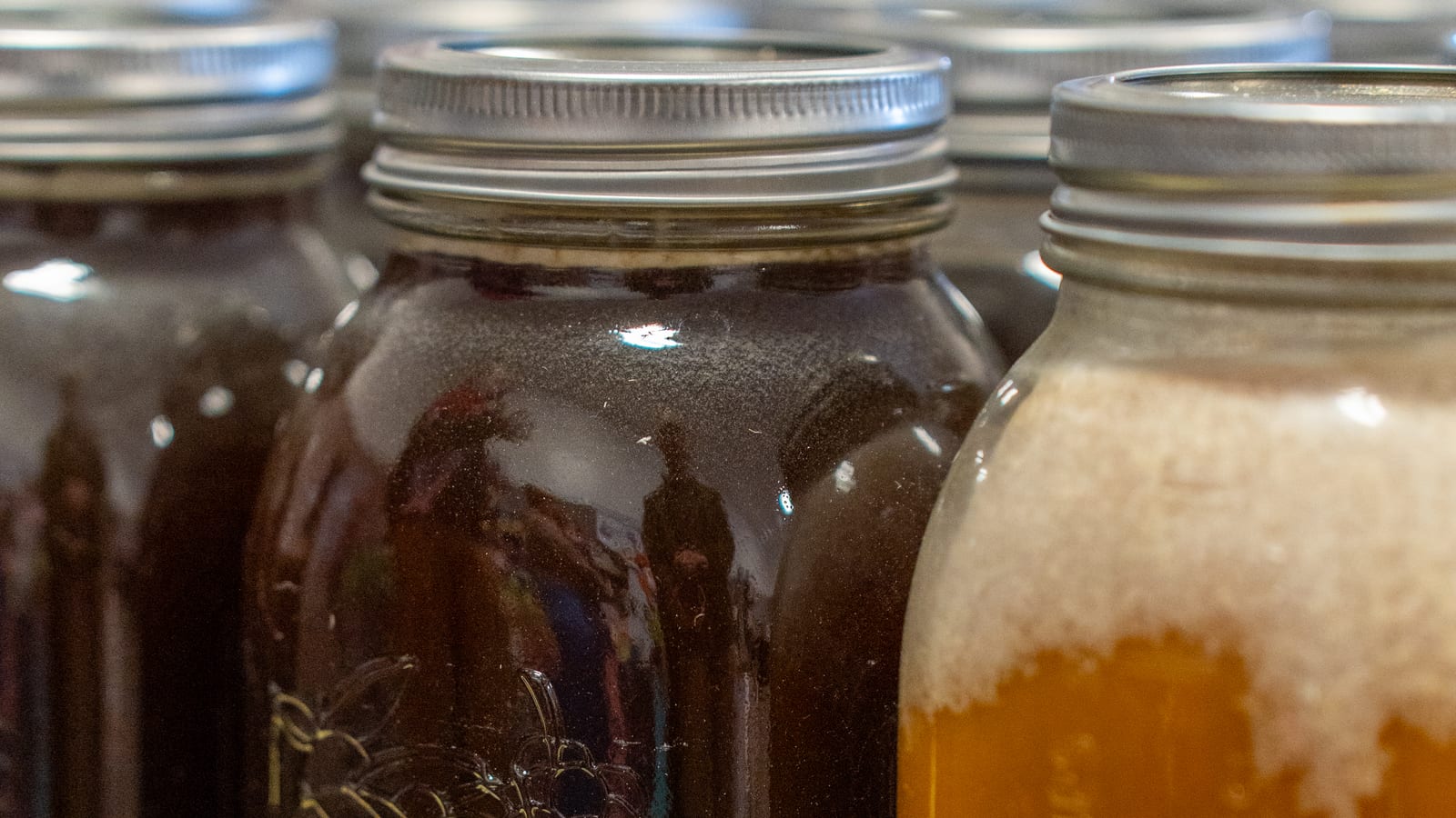 A row of quart mason jars of dark honey on a market table, with one lighter amber jar that has a pale layer at the top